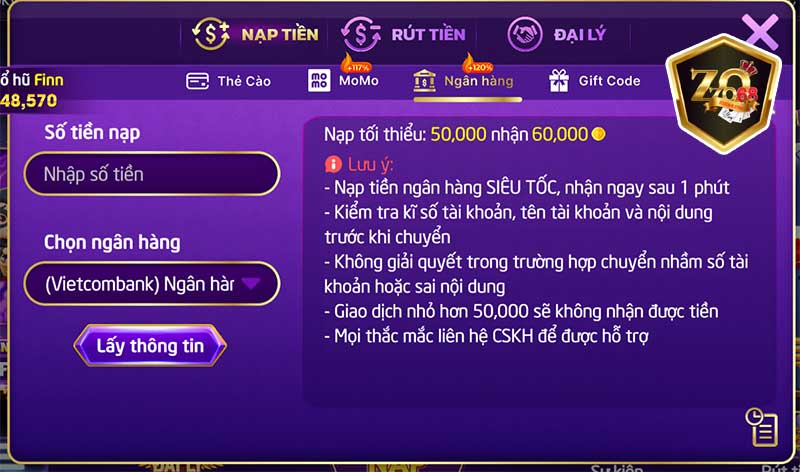 Các Bước Nạp Tiền Zozo68 Chi Tiết, Nhanh Chóng 10 Bạn nhập số tiền và chọn ngân hàng mình đang sử dụng