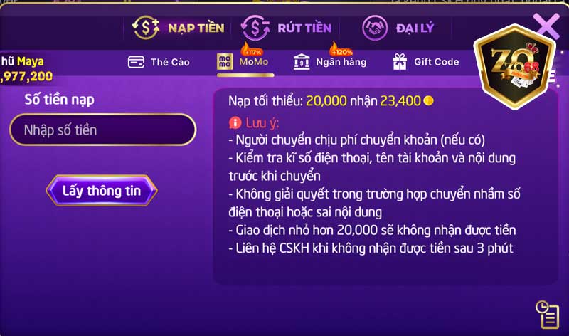 Các Bước Nạp Tiền Zozo68 Chi Tiết, Nhanh Chóng 11 Hiện Zozo68 cho phép bạn nạp qua ví điện tử Momo